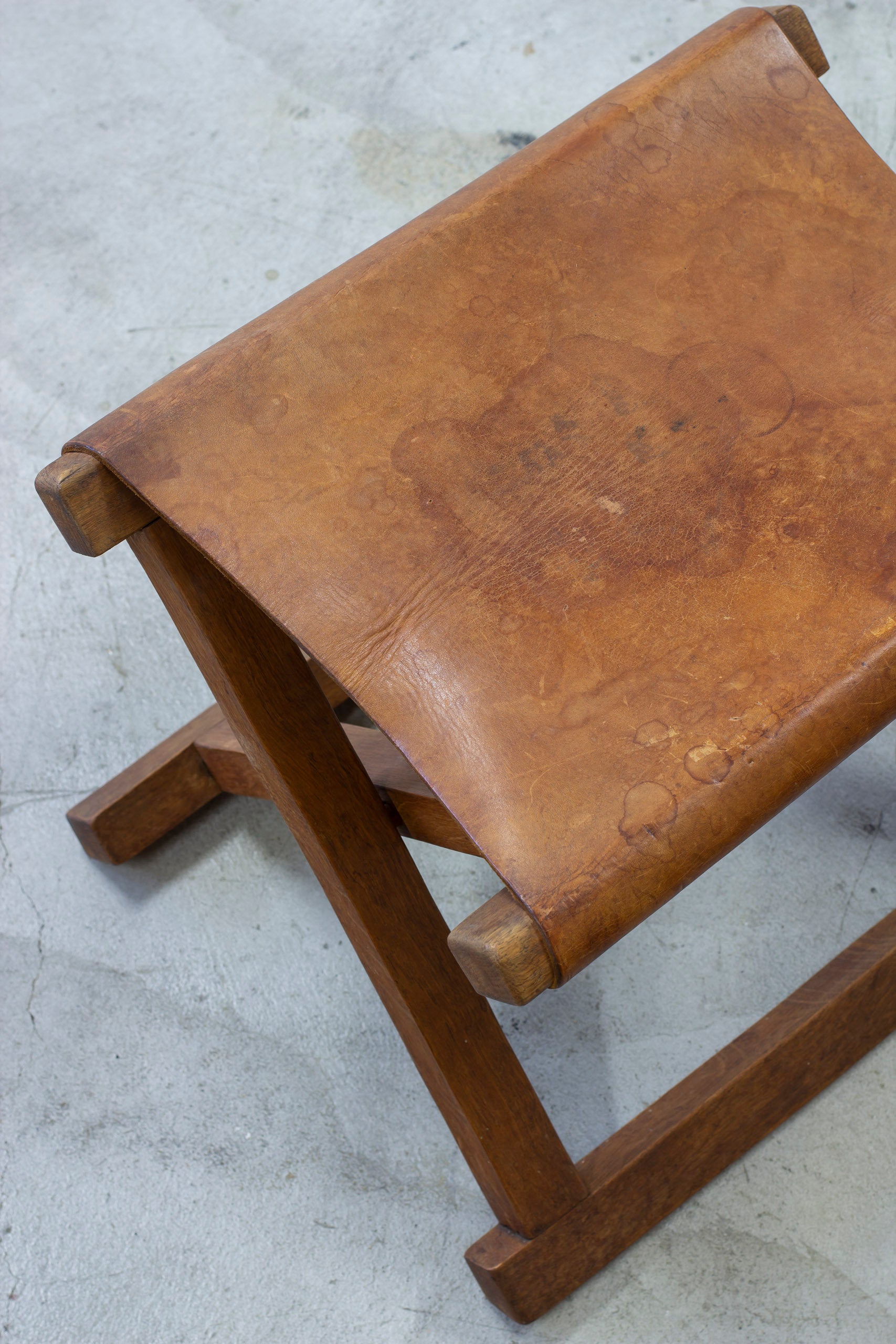 Danish leather and oak folding stool