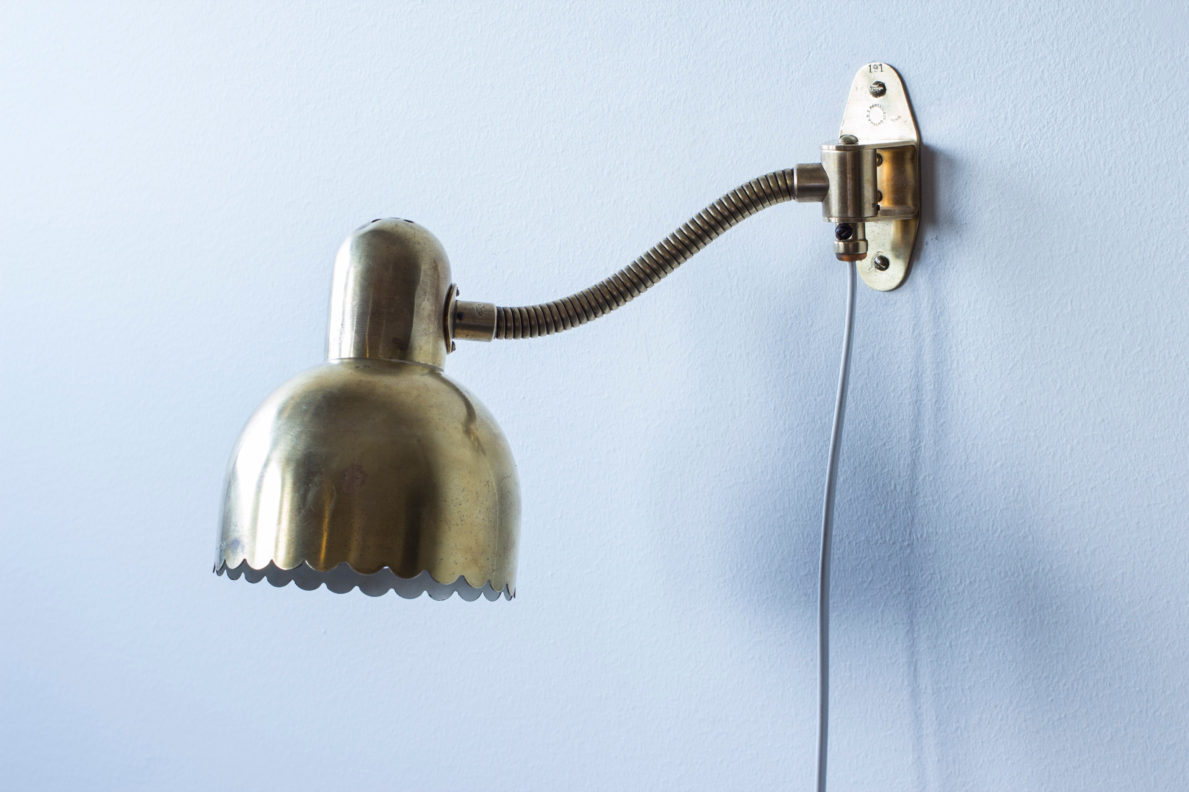 Brass wall lamp no. 191 by E. Hansson & Co
