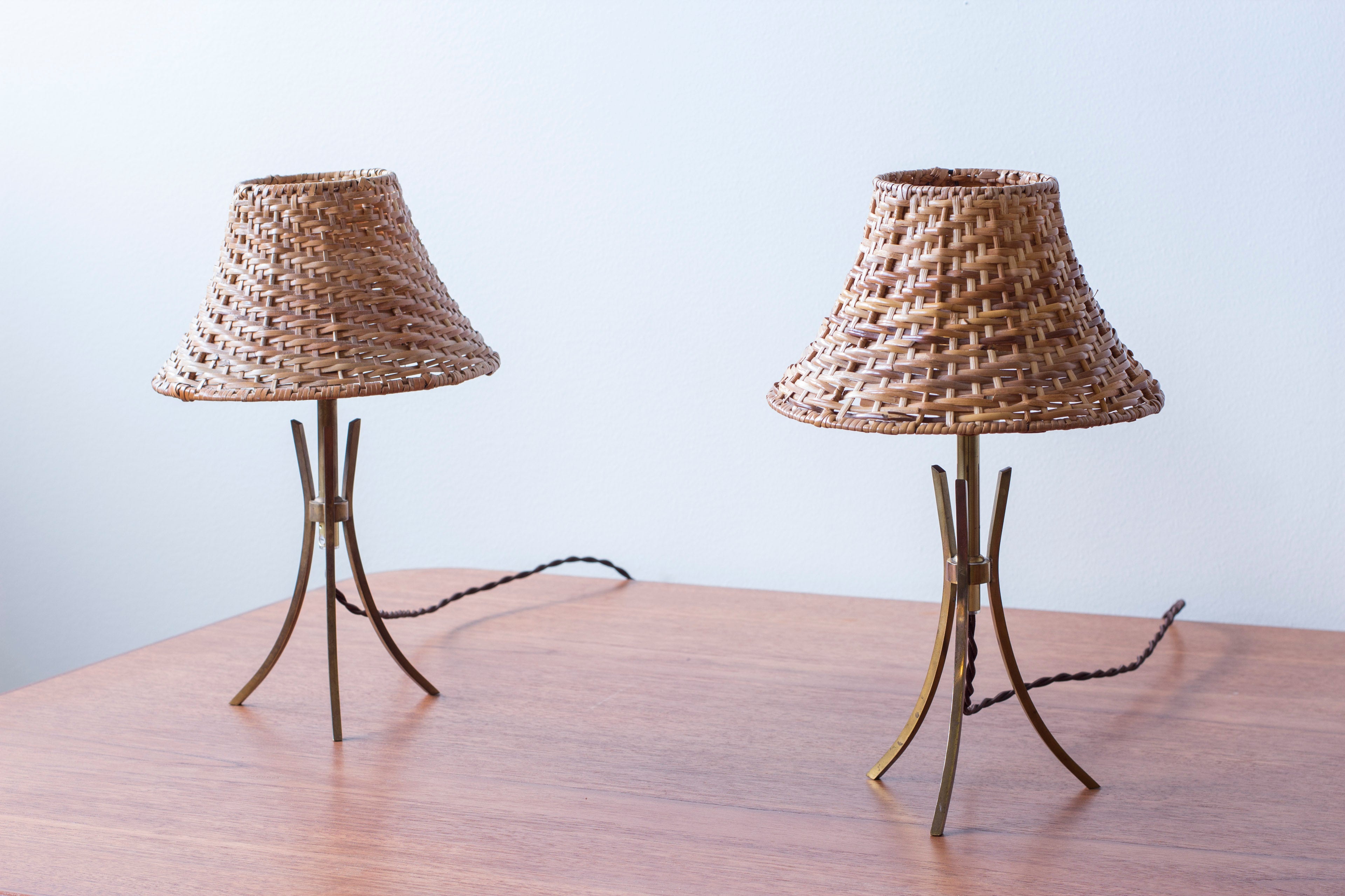 Pair of Swedish modern table lamps with rattan shades