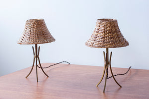 Pair of Swedish modern table lamps with rattan shades