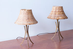 Pair of Swedish modern table lamps with rattan shades