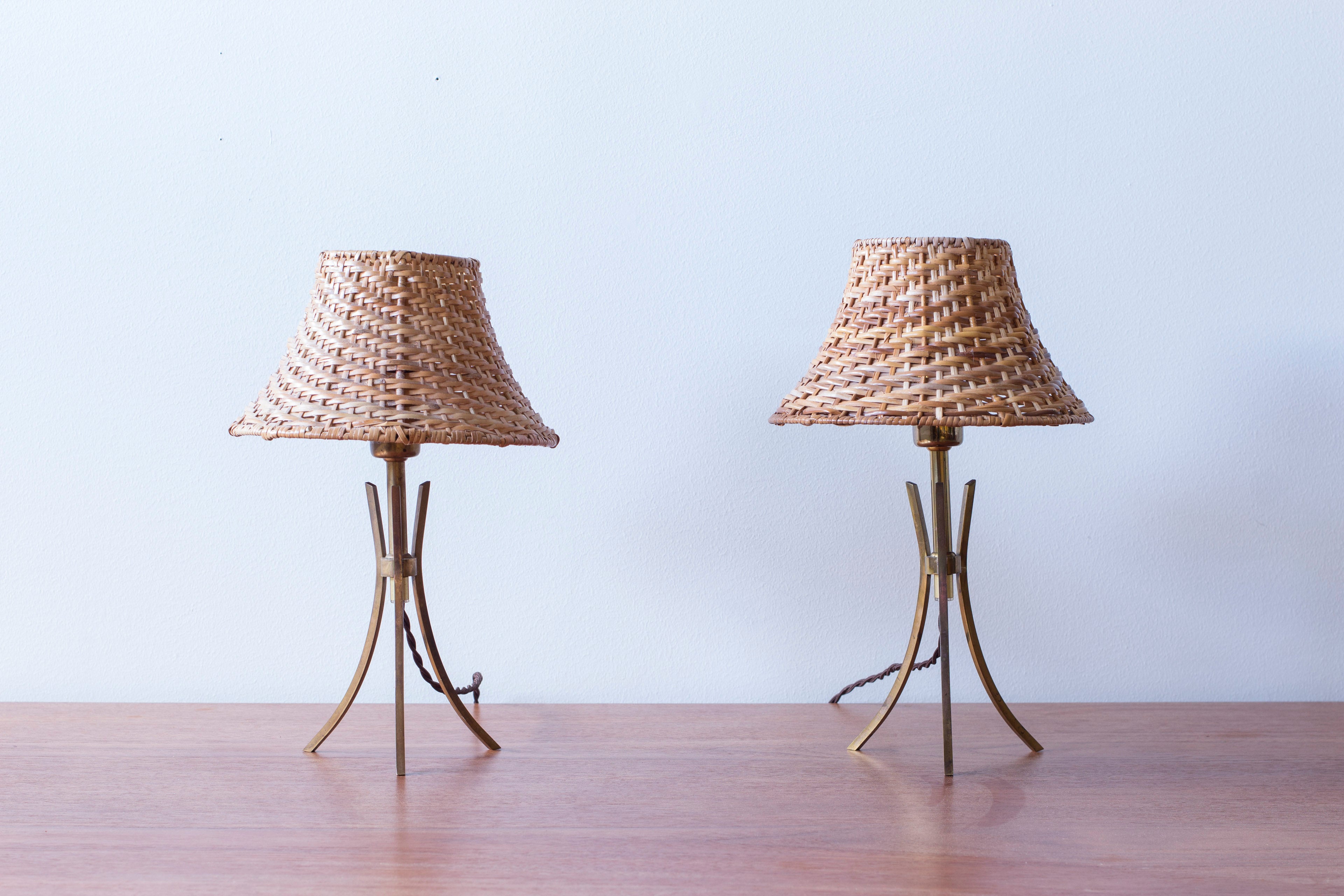 Pair of Swedish modern table lamps with rattan shades