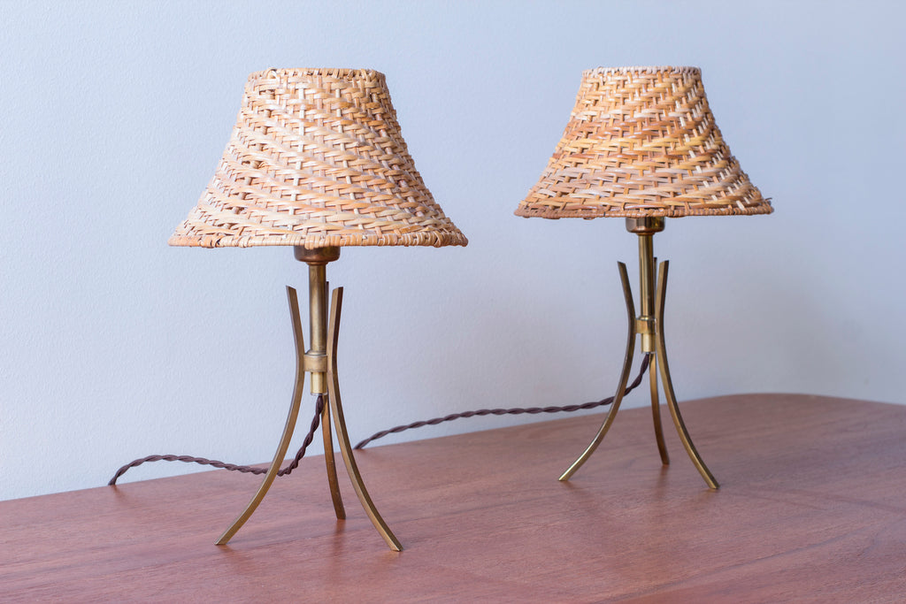 Pair of Swedish modern table lamps with rattan shades