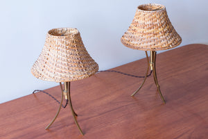 Pair of Swedish modern table lamps with rattan shades