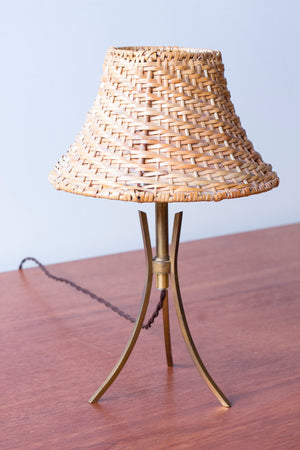 Pair of Swedish modern table lamps with rattan shades