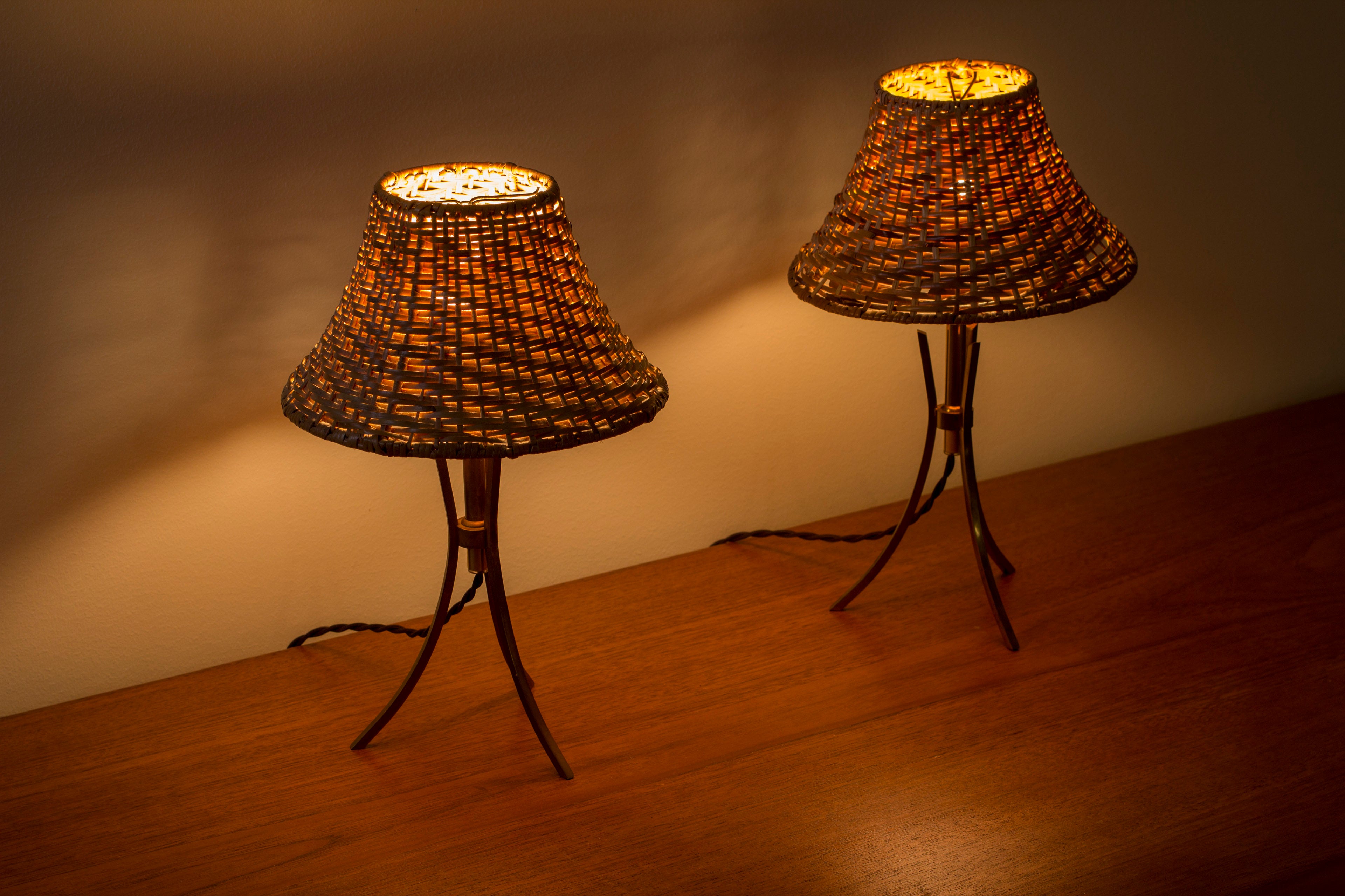 Pair of Swedish modern table lamps with rattan shades