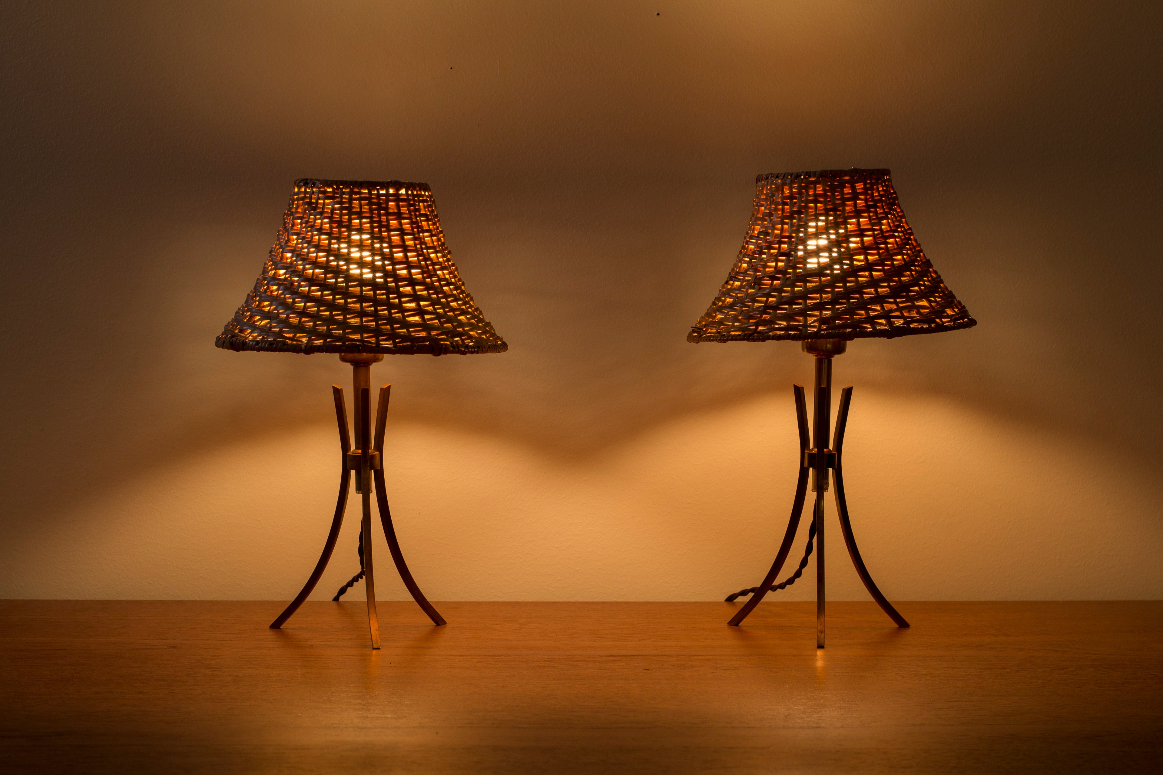 Pair of Swedish modern table lamps with rattan shades