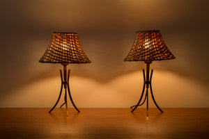 Pair of Swedish modern table lamps with rattan shades