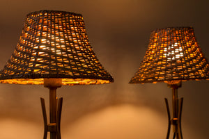 Pair of Swedish modern table lamps with rattan shades