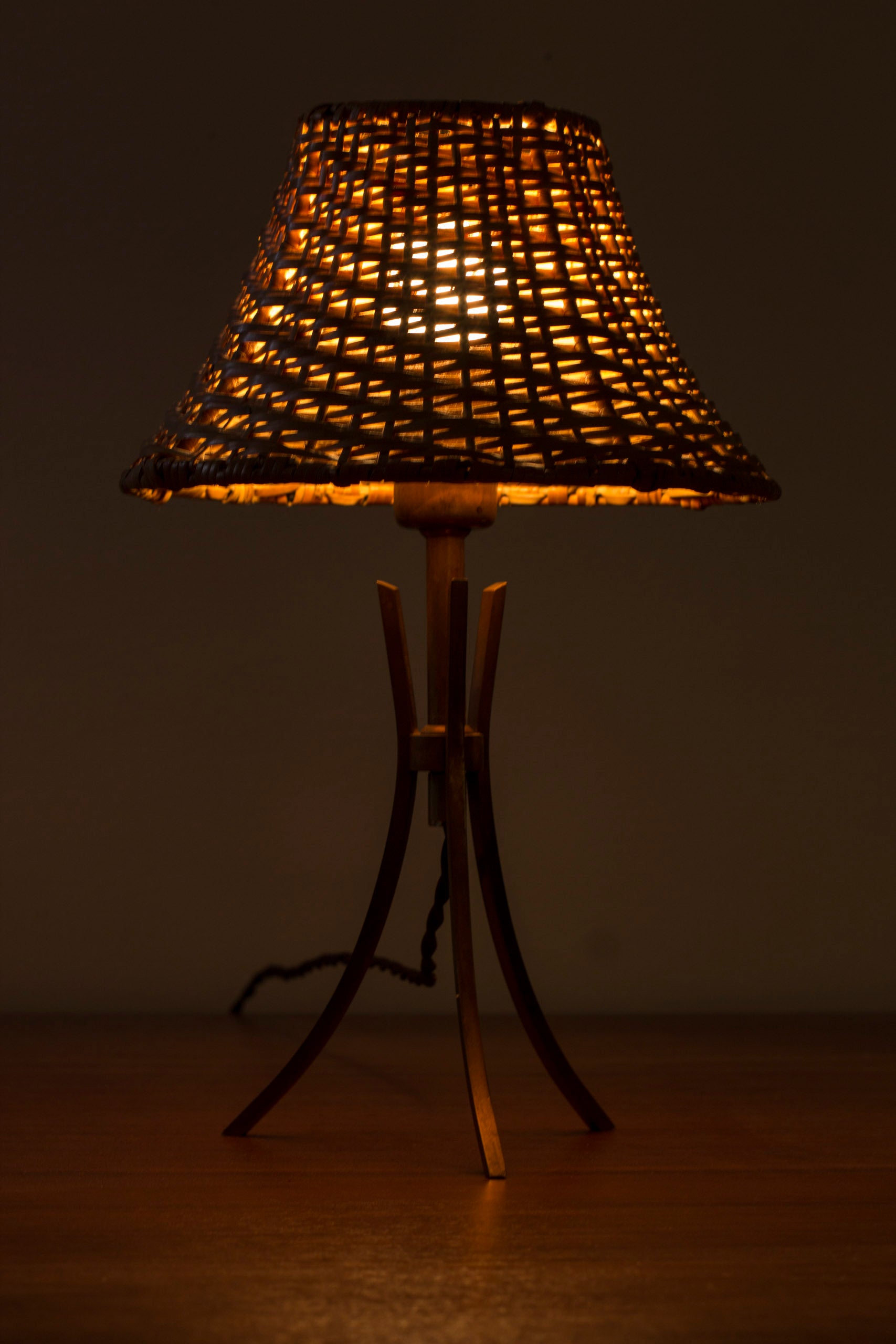 Pair of Swedish modern table lamps with rattan shades