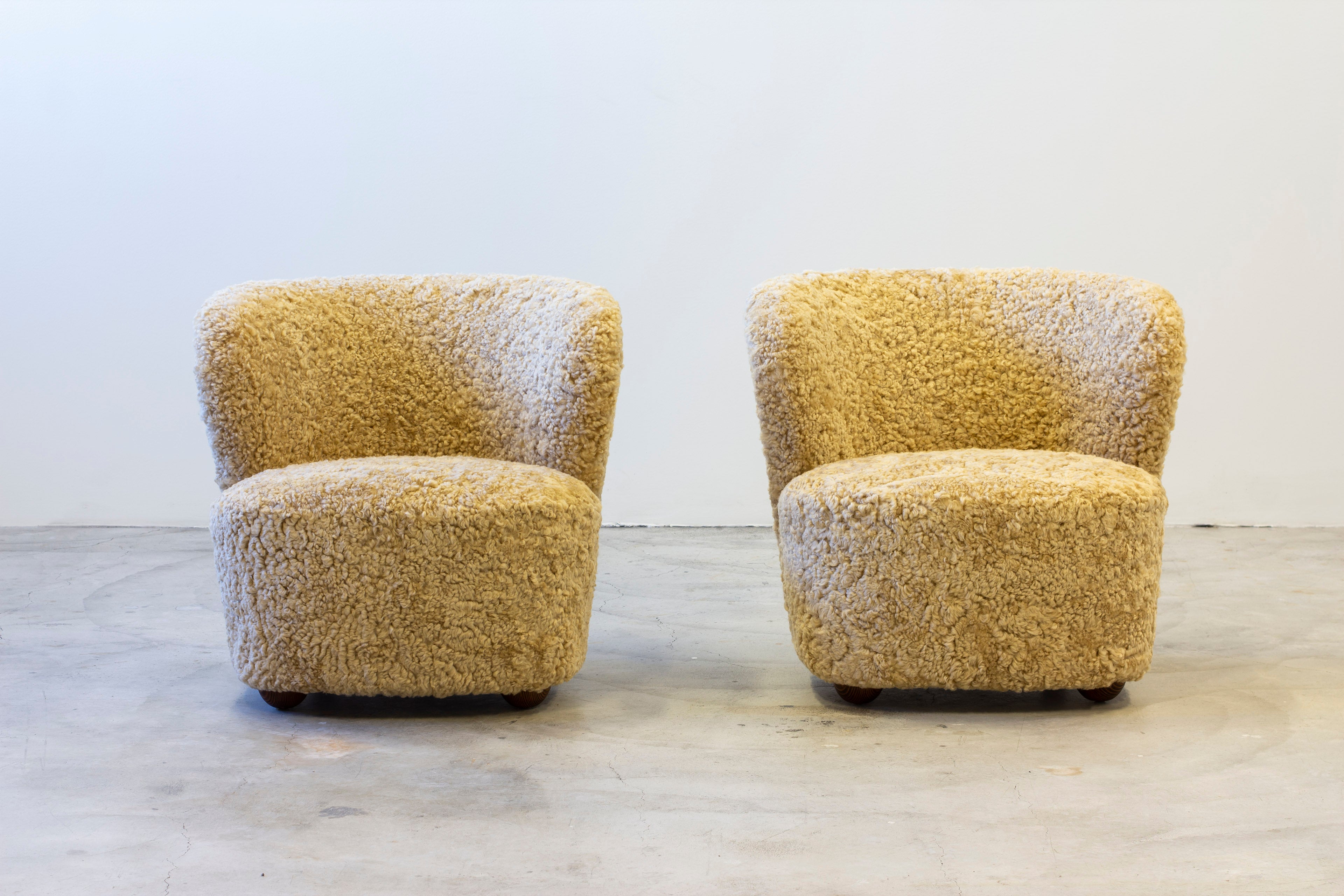 Pair of sheepskin chairs in the manner of Boesen