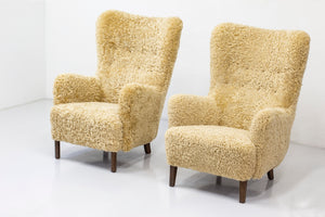 Danish modern high back chair with sheepskin